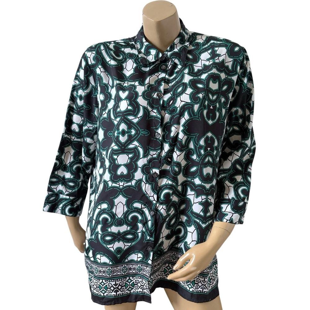 Alia Womens Geometric Button Up Tunic Blouse Green Black Size 18 Career